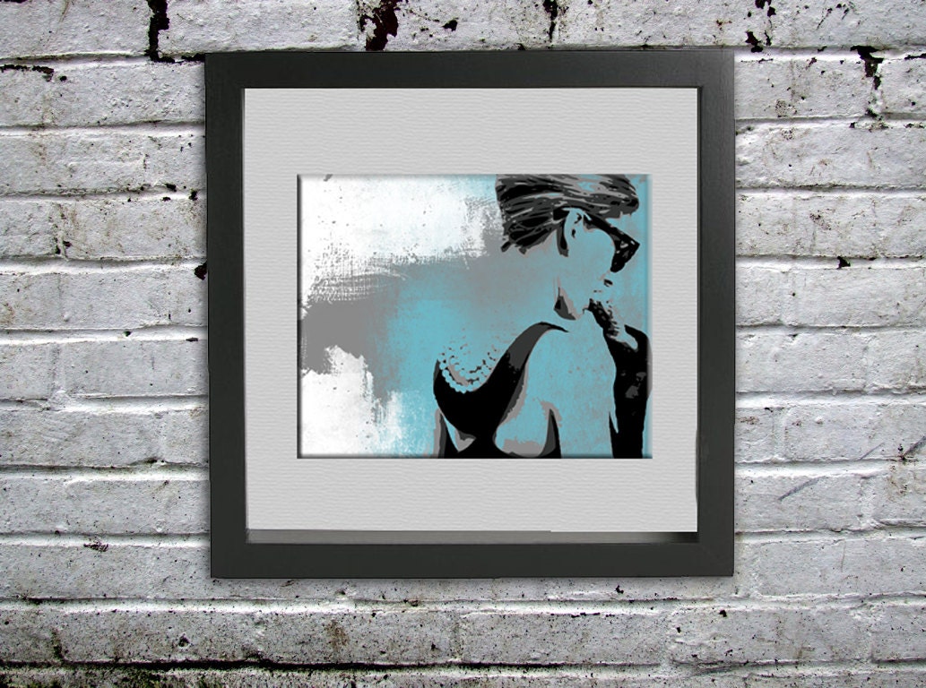 Audrey Hepburn hipster mid century modern blue white grey modern pop art portrait style illustration 11x14 inch print