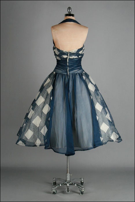 Vintage 1950s Dress . Blue . Ivory . Organza . Halter . Full Skirt . S/M . 2061