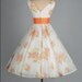 Vintage 1950s Dress . Ivory Chiffon . Orange . Floral . Full Skirt . Sleeveless . Bow . Jacket . XS/S . 1465
