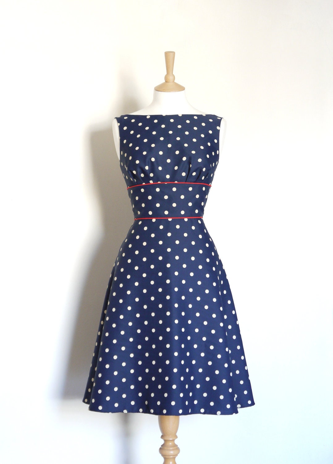 Navy Blue Polka Dot Crepe de Chine Tea Dress - Made to Measure - by Dig For Victory