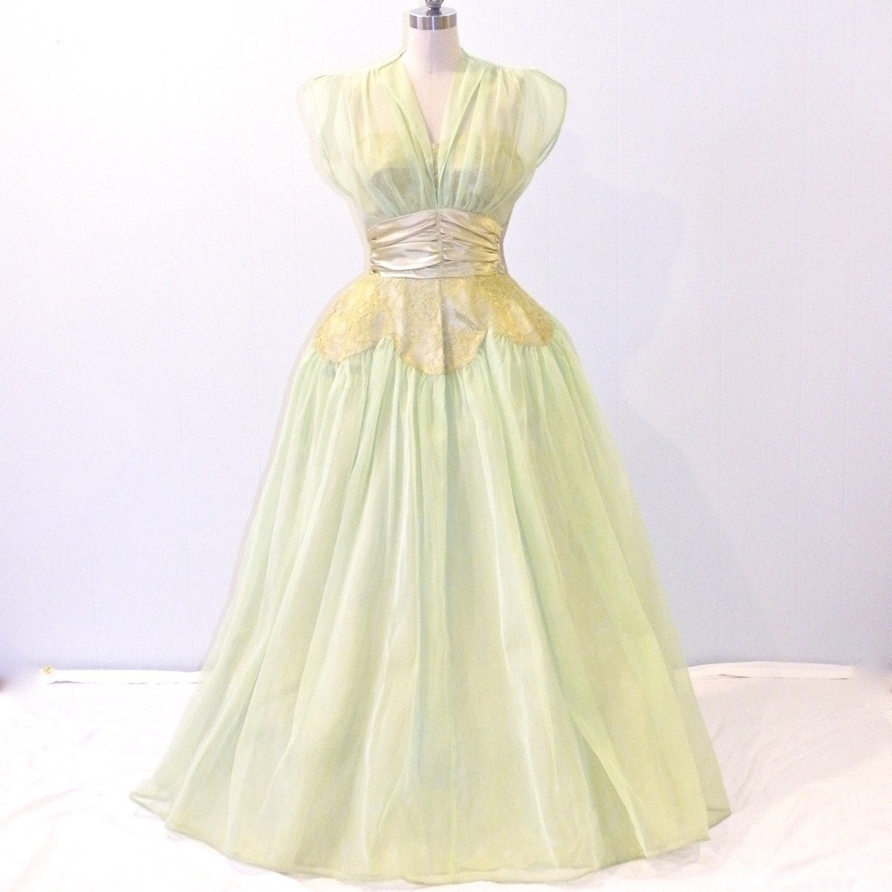 1950s Illusion Party Dress, 50s Evening Gown, Spearmint Green Net & Lace Vintage Formal Dress w Hip Panniers, Emma Lange