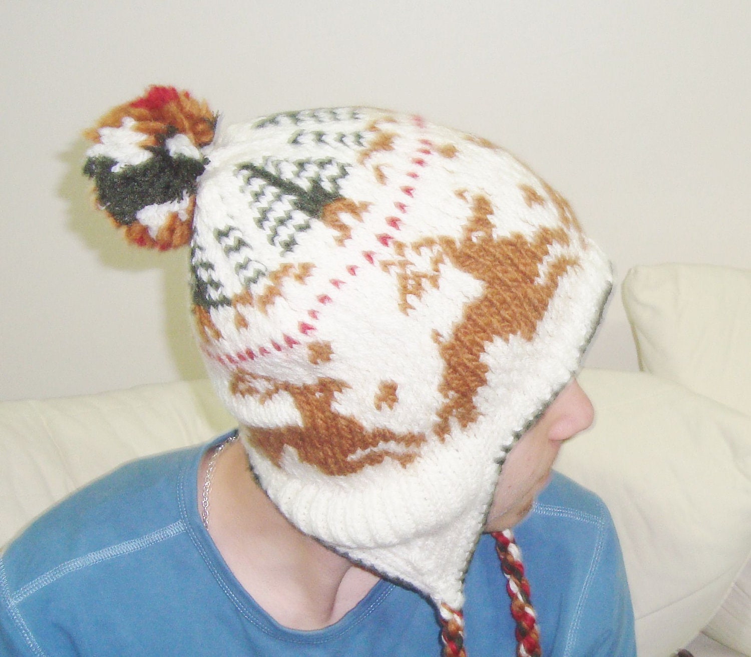 Handmade Hat Hand Knit Hat Earflap Winter Hat Deers Patterned