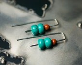 Green Turquoise Earrings, Modern Beaded Sterling Silver, Red River Jasper, Hammered, Contemporary, Linear, December Birthstone - "River Run"