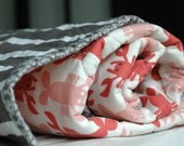 Lobster and Gray Stripe Baby Quilt