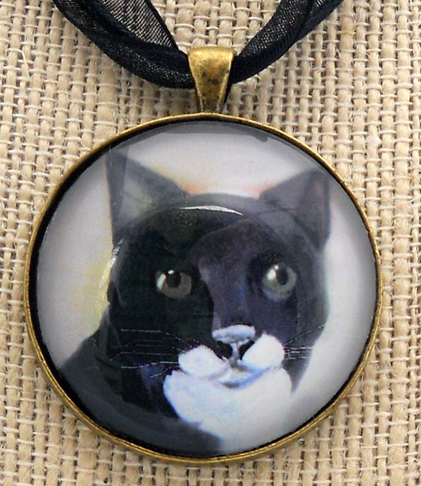 Black & White Cat Pendant Original Art Necklace Mini Painting