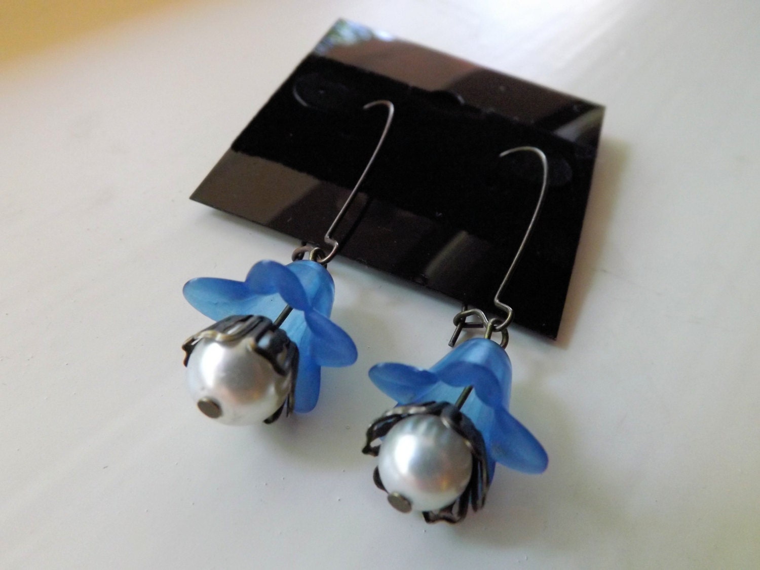 Blue Bell and Pearl Antique Brass Lucite Flower Earrings
