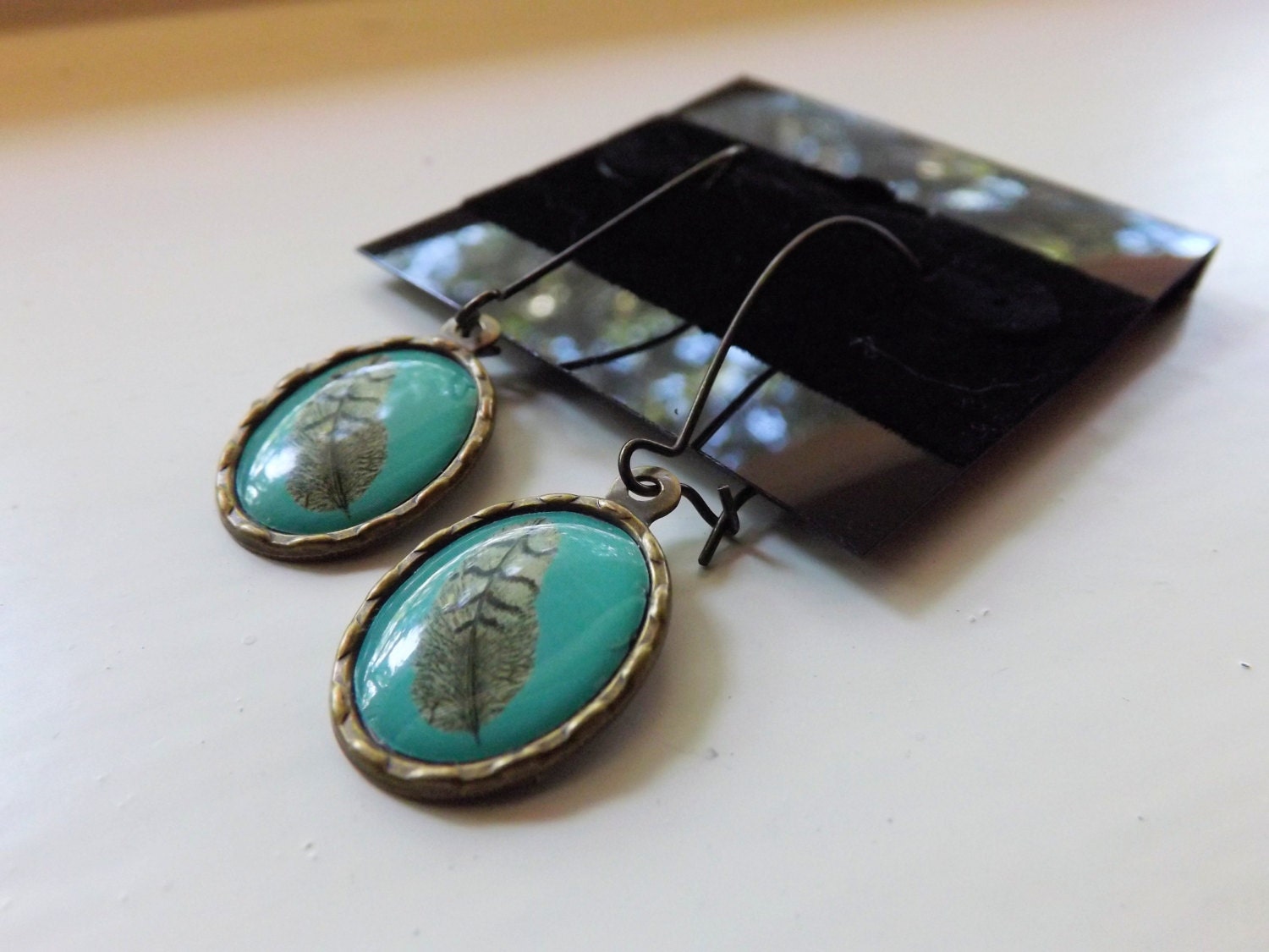 Earrings. Jewelry, Owl, Feather, Blue, Dangle, Brass, OOAK