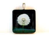 Dandelion Wood Pendant 1x1  - jewelry flower whimsical natural green scrabble tile - wearable photo art