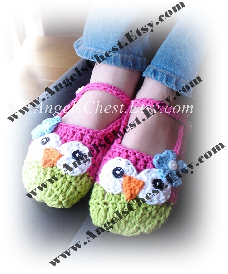 PDF Crochet Pattern Owl Mary Janes Slippers Sizes Preteen to Adult No. 17