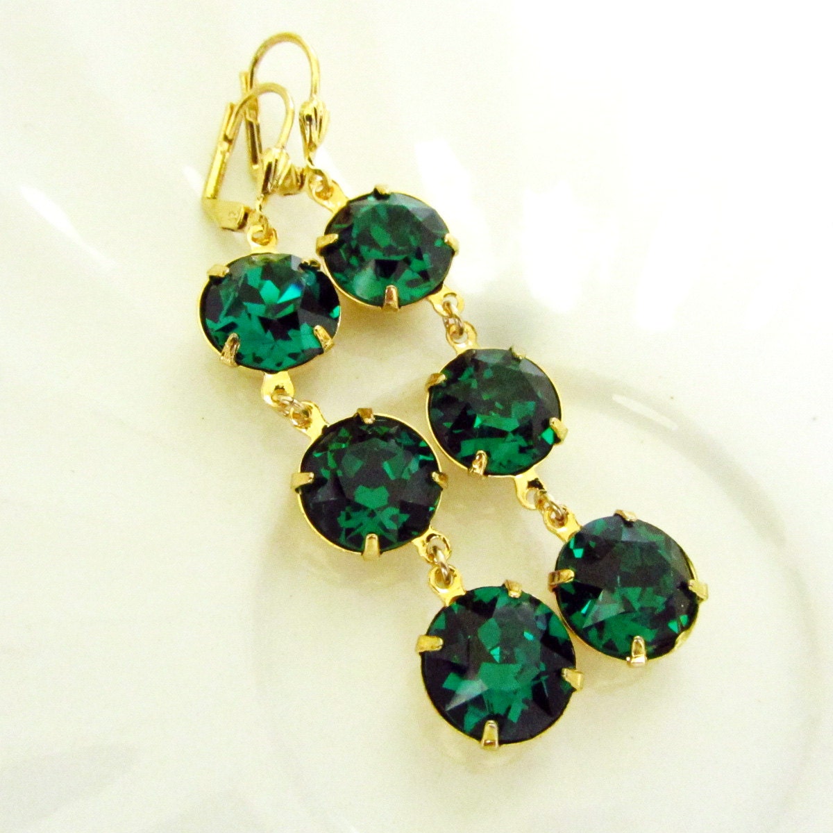 Dangle Estate Style Emerald Green Gold Earrings, 3 round links, Rhinestones, Long Green Earrings, Wedding Jewelry, Bridesmaid gifts.