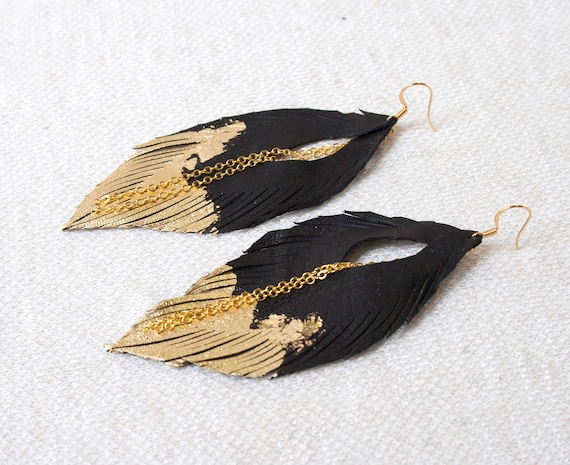 Leather Feather Earrings. Black with Gold Gilded Tip Earrings. Gold Leafed Sparkling Bohemian. Free Shipping Worldwide