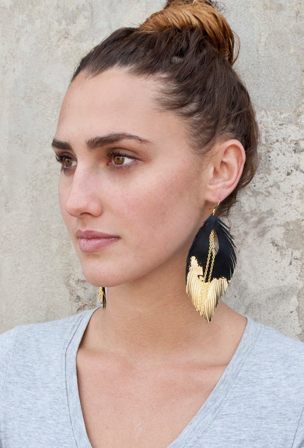 Leather Feather Earrings. Black with Gold Gilded Tip Earrings. Gold Leafed Sparkling Bohemian. Free Shipping Worldwide