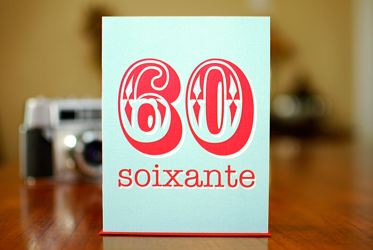 Number 60 Red & Aqua Birthday Card - Sixty (Soixante) in French on 100% Recycled Paper