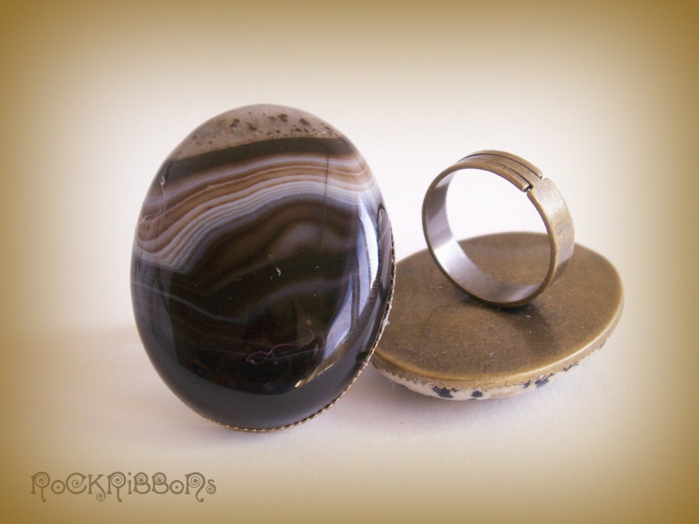 Large stripe ring - brown agate - extra large adjustable cocktail ring - oversize - 30 x 40 gem cabochon with silver setting.