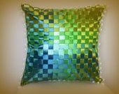 Woven satin cushion - eco friendly - green shades of ribbon - 18 inch - 46cm - square - ombré - throw pillow - organic cotton.