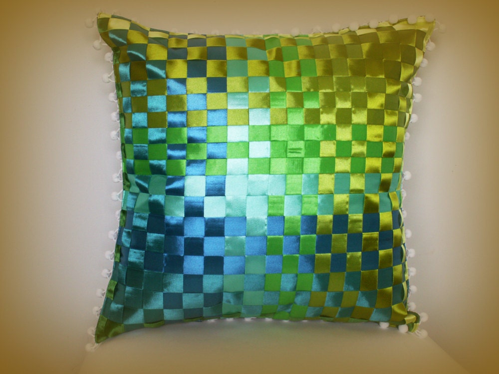 Woven satin cushion - eco friendly - green shades of ribbon - 18 inch - 46cm - square - ombré - throw pillow - organic cotton.