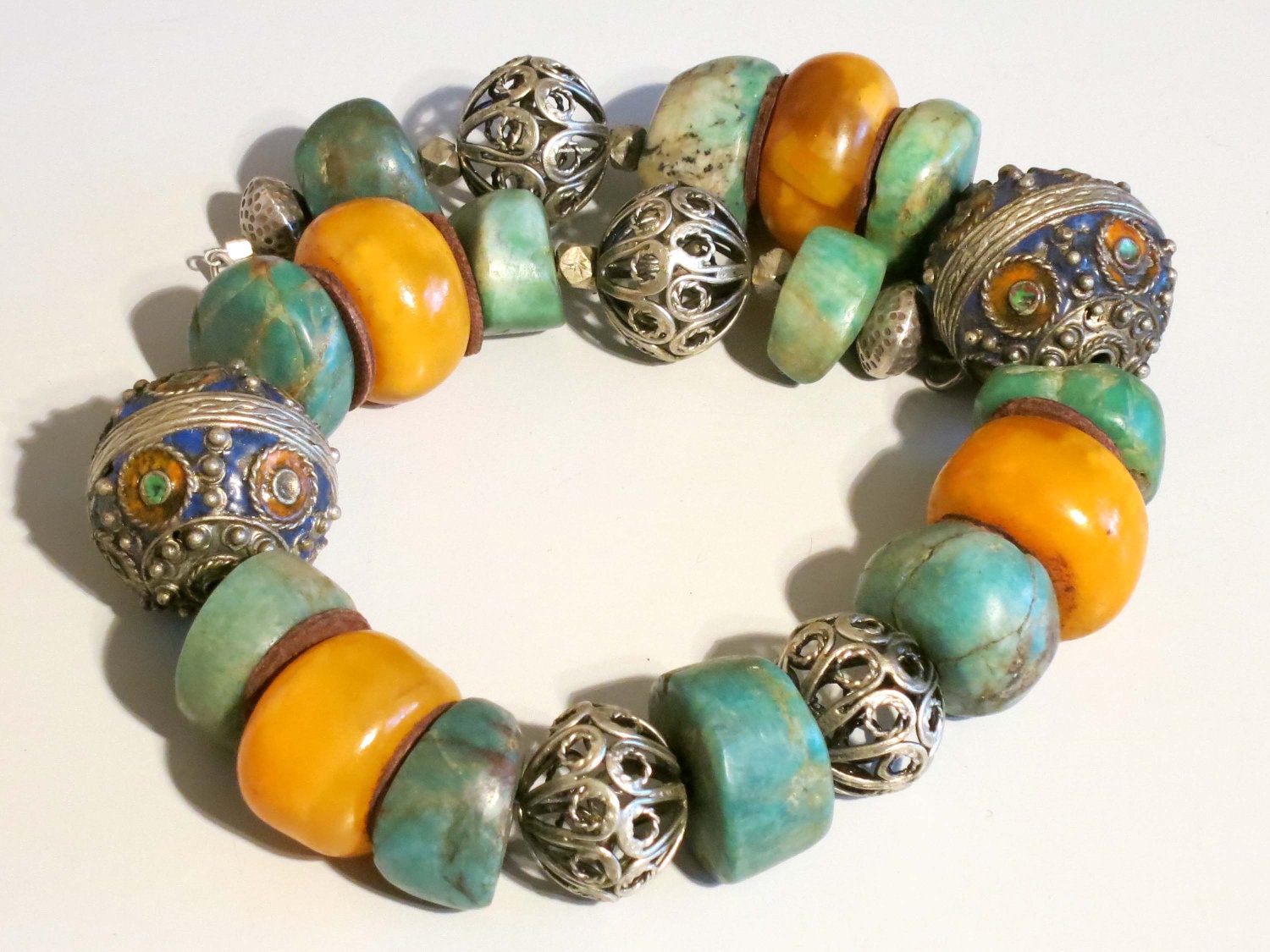 Mauritanian Amazonite /amber /enamelled beaded necklace