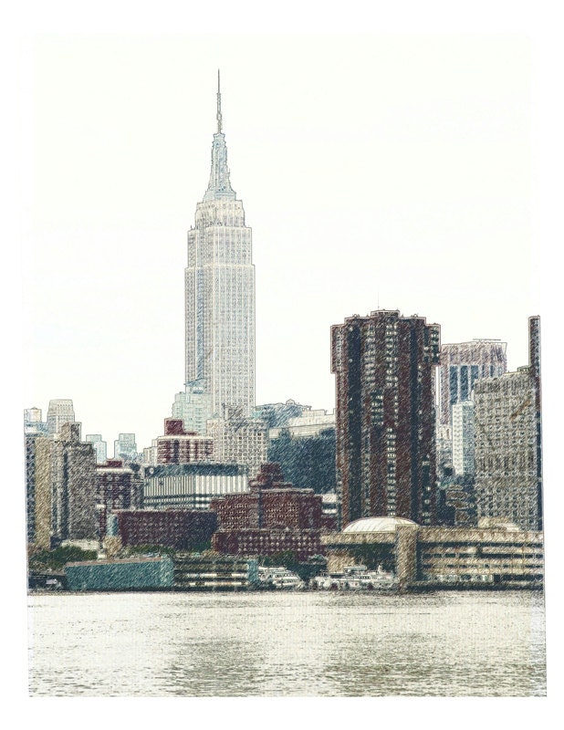 New York City Skyline fine art print - Empire state building from East river in color pencil style