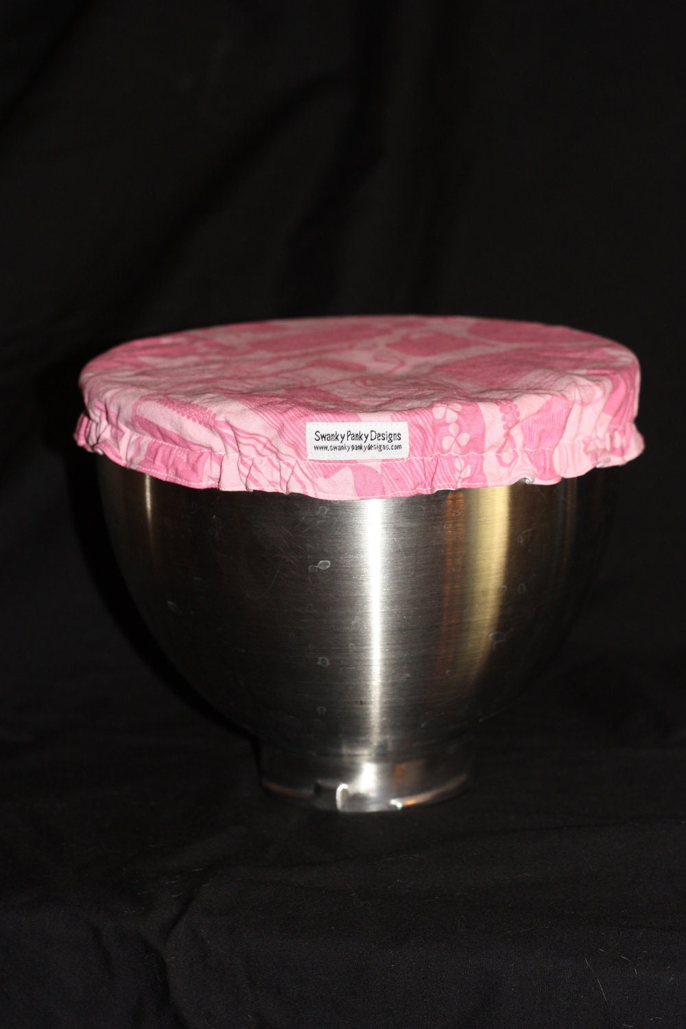 Custom Mixing Bowl Cover from Pink Kitchen Utensils Fabric