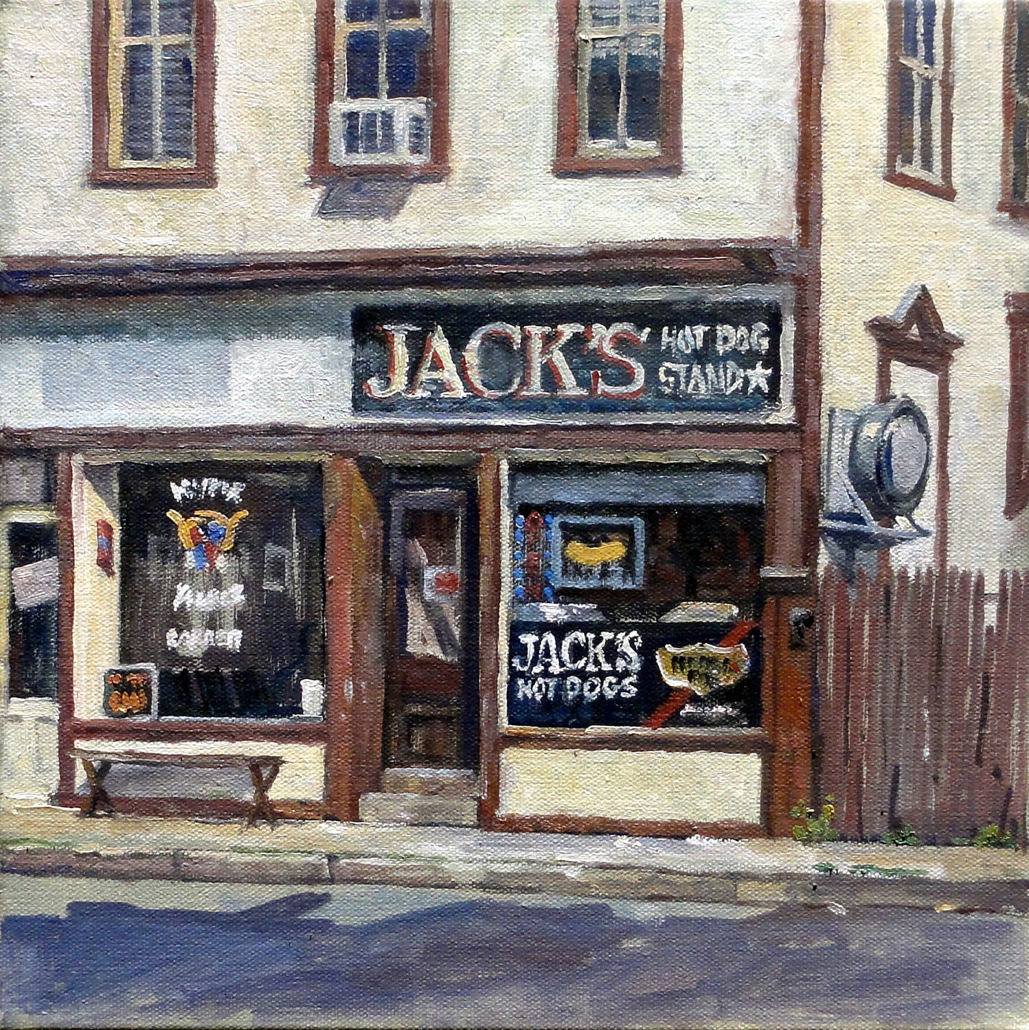 Jack's Hot Dogs, North Adams. Original Oil on Canvas, 12X12 inch American Landscape Painting