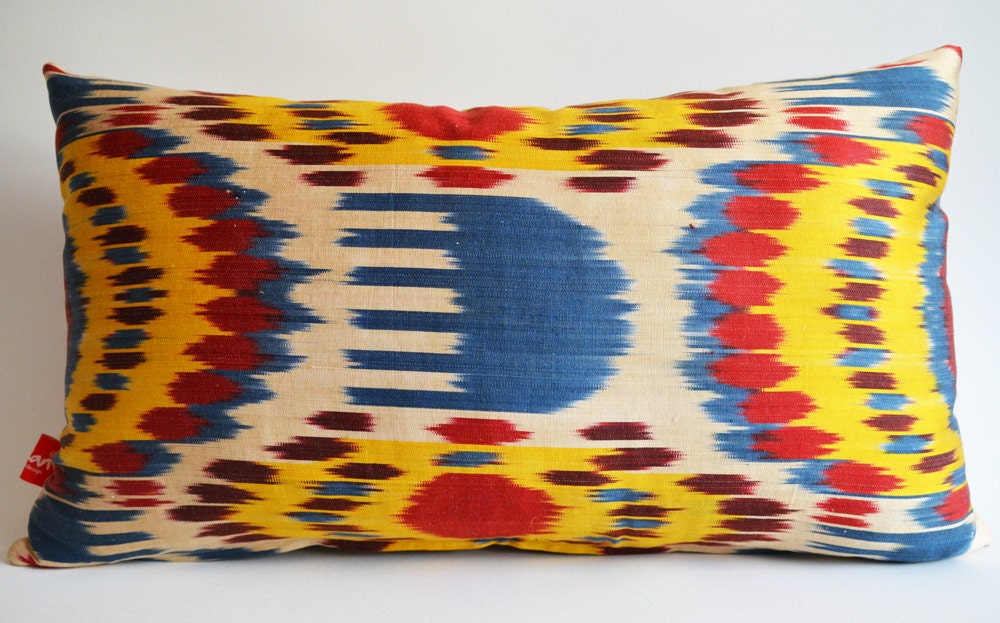 Sukan / Hand Woven Original Lumbar Silk ikat Pillow Cover -  Yellow, Beige, Red, Brown, Blue