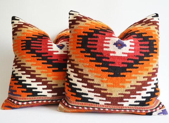 Sukan / SET (2 Piece) Vintage Hand Woven Kilim Pillows, Organic Modern Bohemian Throw Pillow.