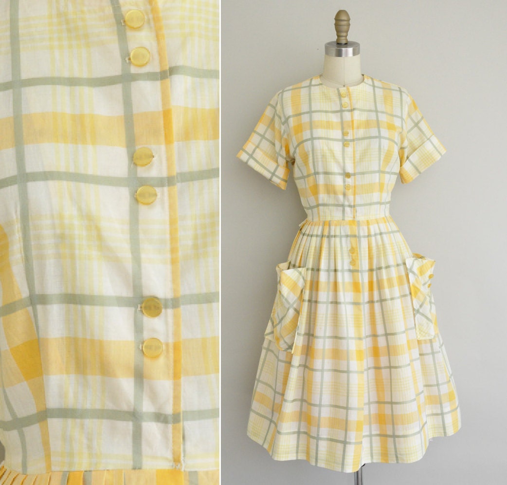 50s dress / 1950s vintage dress / 50s Orange Peel plaid cotton dress
