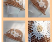 Cream Tans Crocheted Brim Hat with pieces of vintage tablecloth embellishments