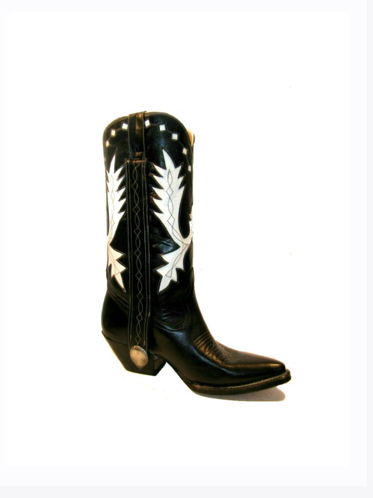 Vintage Cowboy Boots Black and White Leather Inlay Western Boots Mens US size 8
