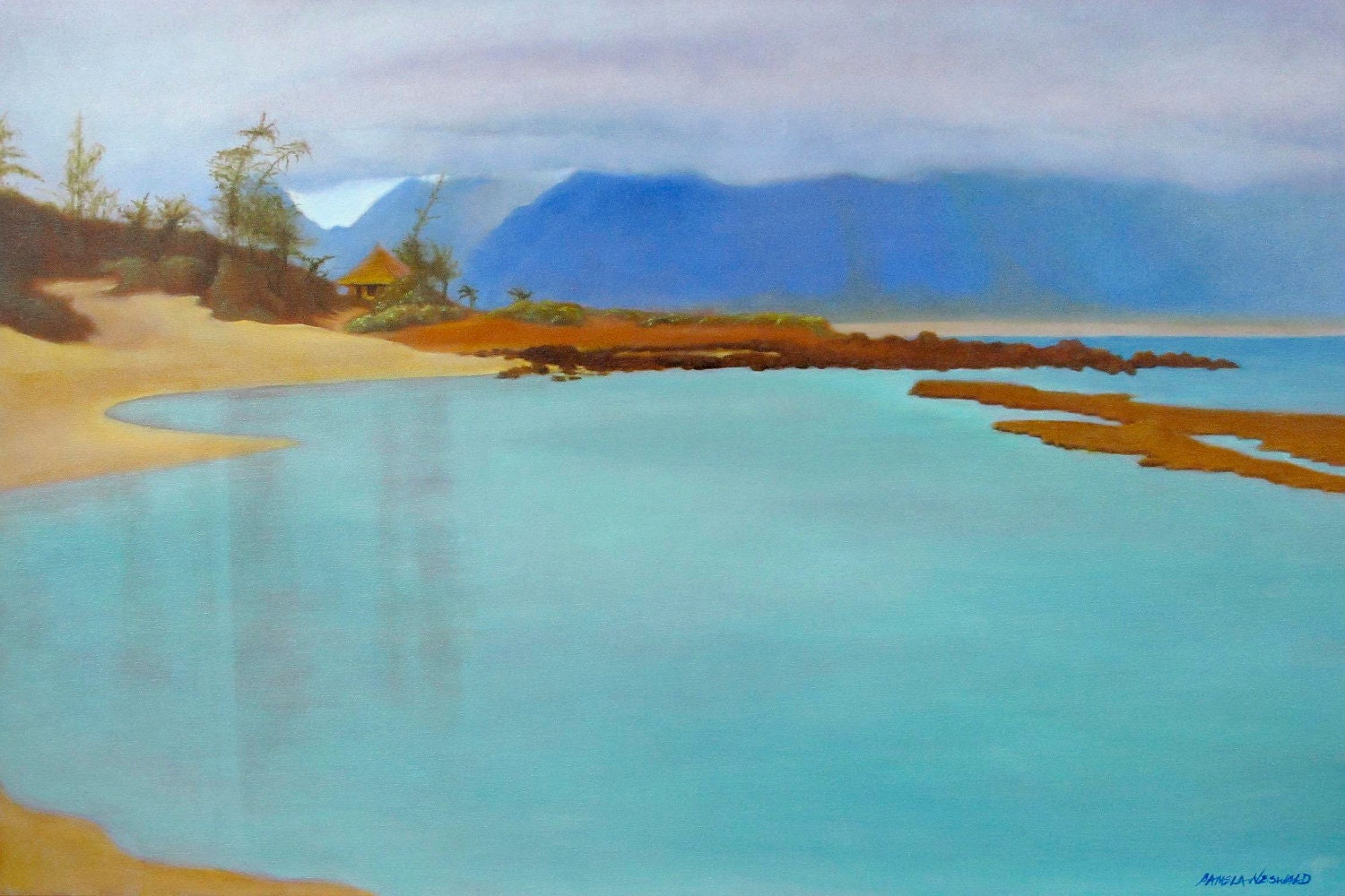 Gratitude - Baby Beach art, Maui. Limited edition seascape cobalt blue and cobalt teal contrasts with warm sand