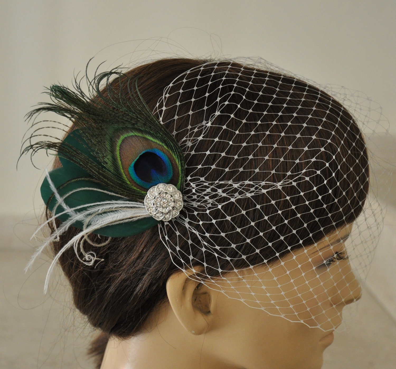 Birdcage Veil ,peacock Feathers Fascinator,(2 ITEMS), bridal Feathers Fascinator, Hair Accessories,bridal head piece