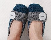 Crochet Slippers Womens Denim and Gray Flats