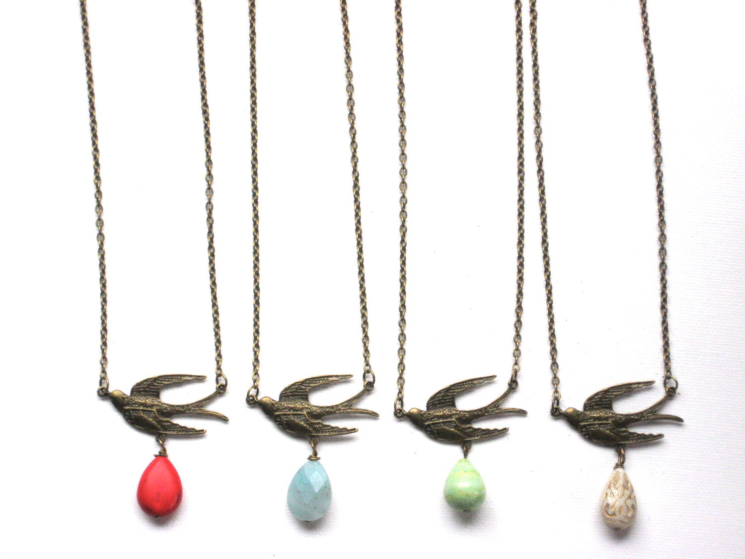 Bird in Flight Necklace in Antique Brass with Your Choice of Stone Drop Color Bridesmaids Gift Wedding Custom Pendant Charm Bohemian