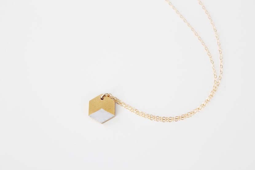Vintage Brass Hexagon Necklace - Hand Painted