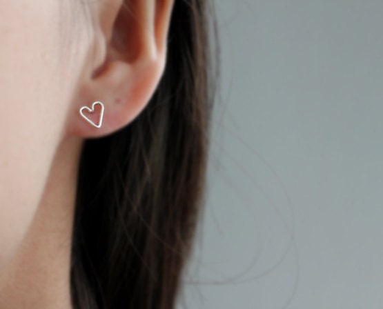 Tiny Open Heart Earring Studs - Hand Formed - Yellow Gold or Rose Gold or Silver - Lorelai