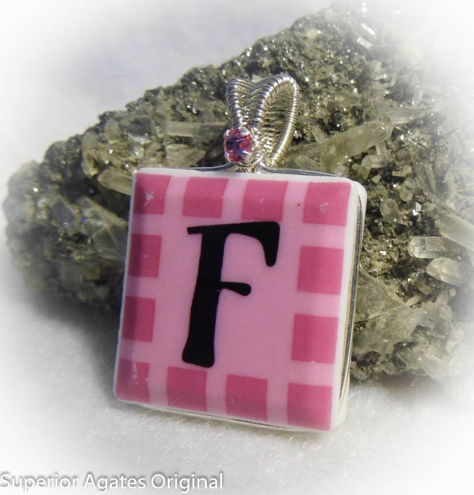 Ceramic Letter F Personalized Pink Wire Wrapped Pendant