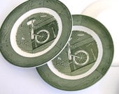 Vintage Colonial Homestead by Royal Bread Plates (set of 4) - green and white - 1950s dishes - spinning wheel