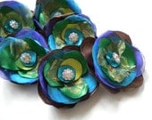 Peacock Blue Green Satin Organza Flowers clip with Rhinestone- Handmade Flowers wedding