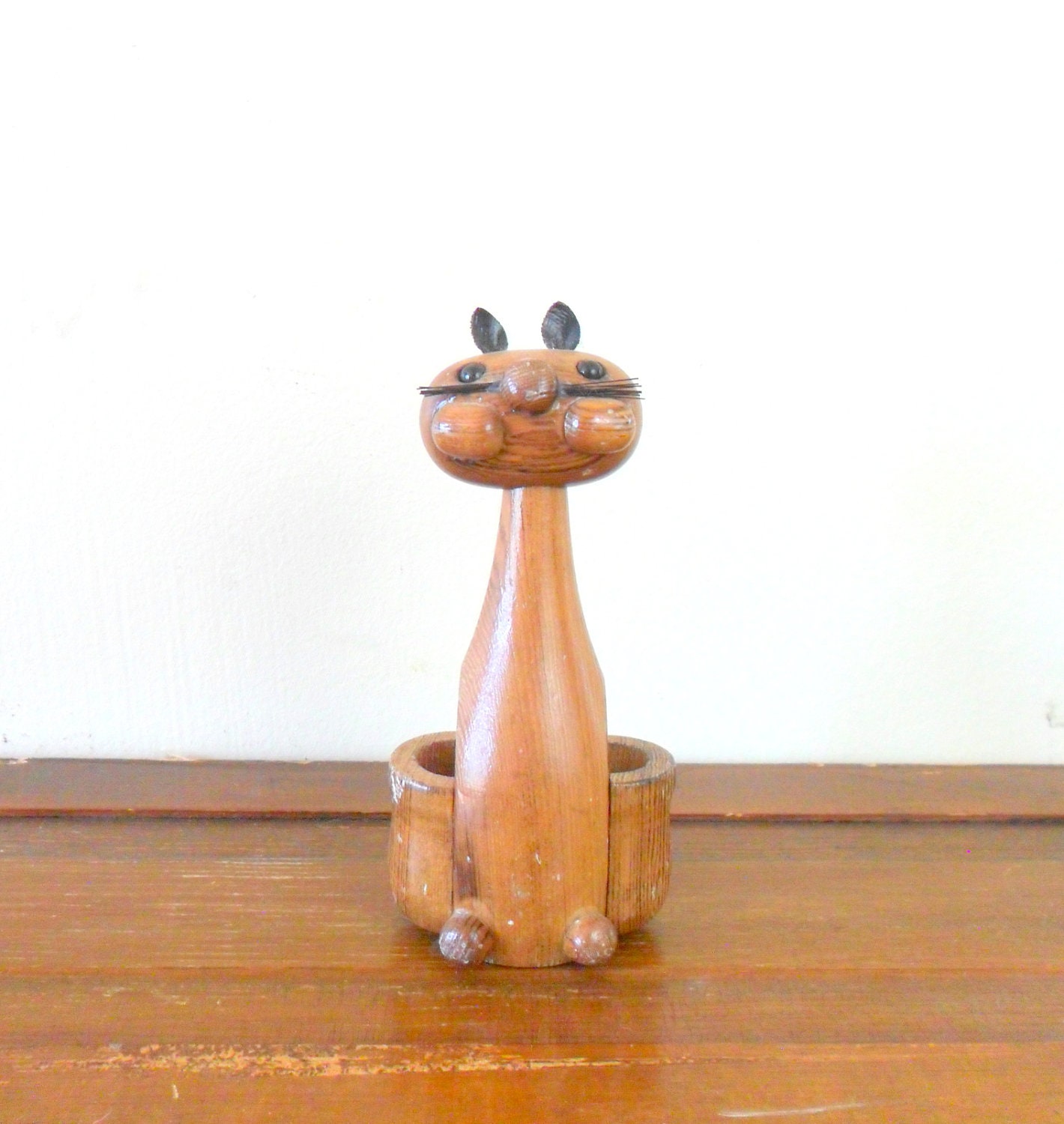 vintage midcentury modern wooden cat pencil holder - desk accessory - teak - pet
