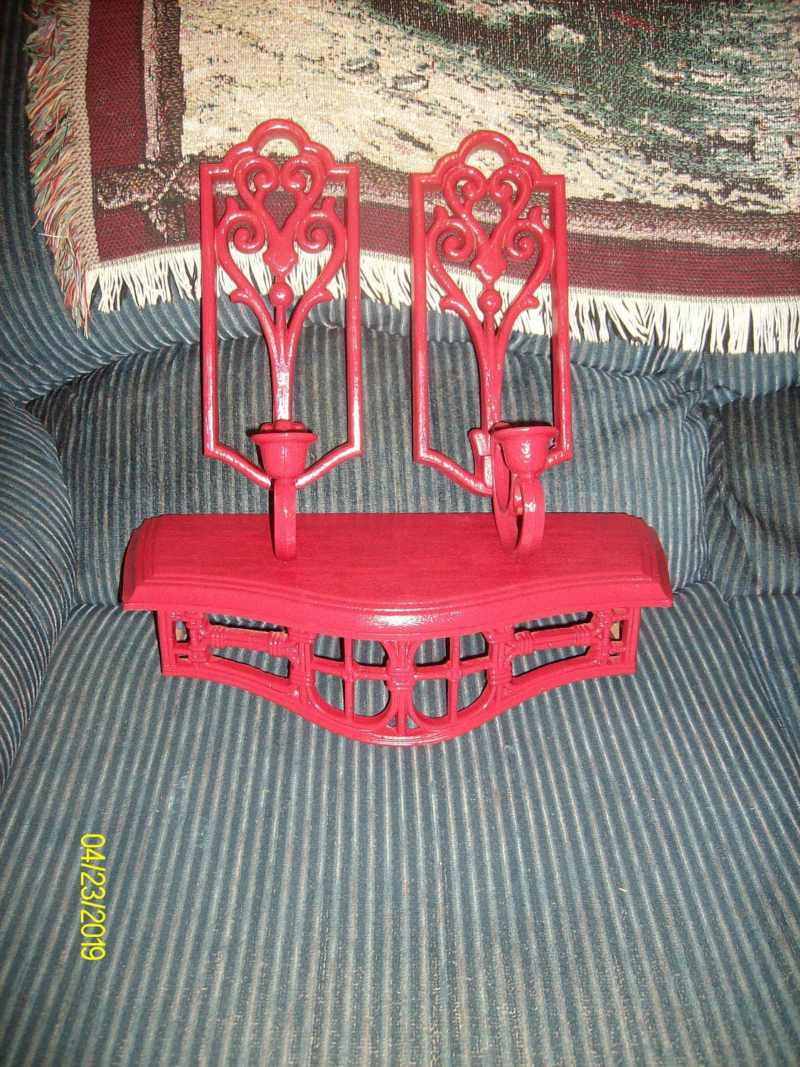 Free Shipping--Red Painted Plastic Shelf and 2 Wall Sconces / Candle Holders