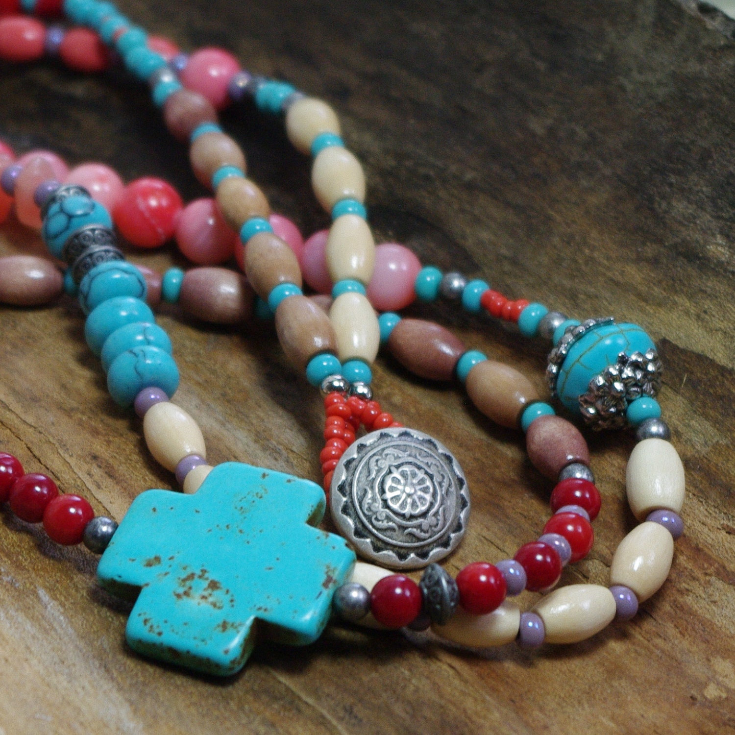 Turquoise Cross Beaded Necklace