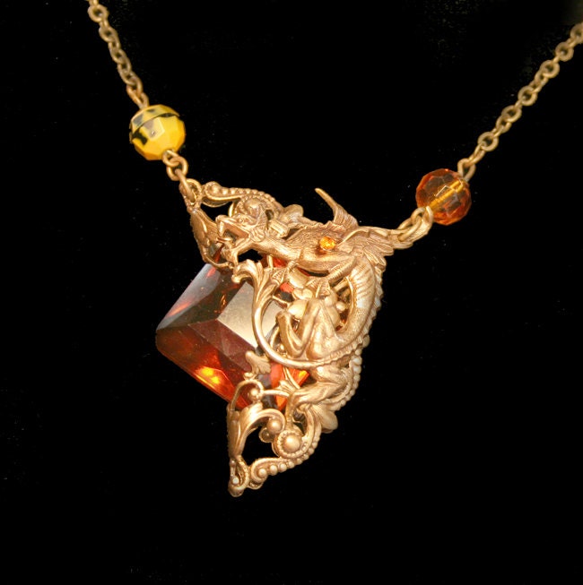 Gothic Necklace Amber Vintage Dragon Necklace Victorian Style