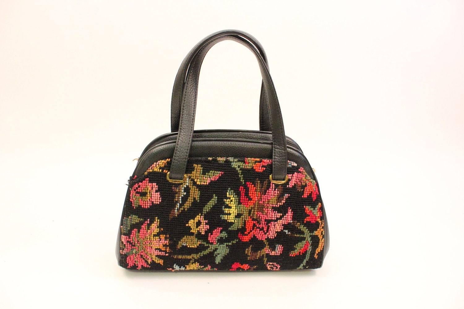 REMINGTON 60s Black Floral Carpet Tapestry Doctors Bag Purse