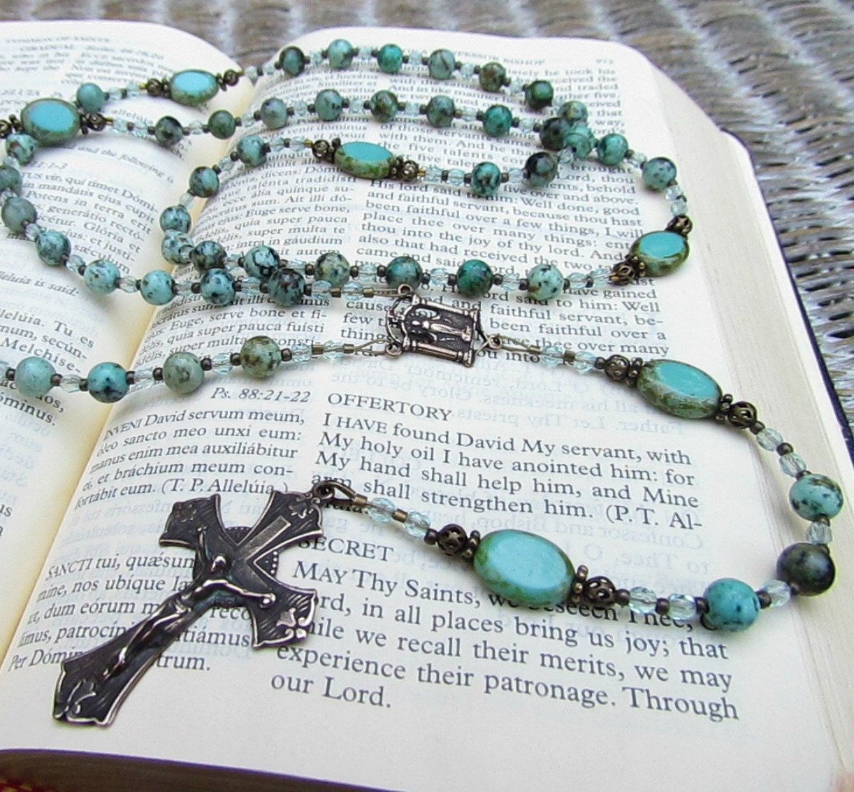 Catholic Rosary Beads with Green African Turquoise and Bronze medals