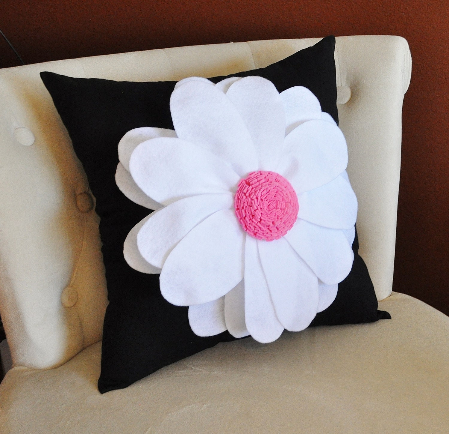 White Daisy Flower on Black Pillow  -NEW BEDBUGGS DESIGN -Pick your Colors-
