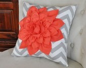 Coral Dahlia on Gray and White Zigzag Pillow -Chevron Pillow- 16 x 16 Throw Pillow