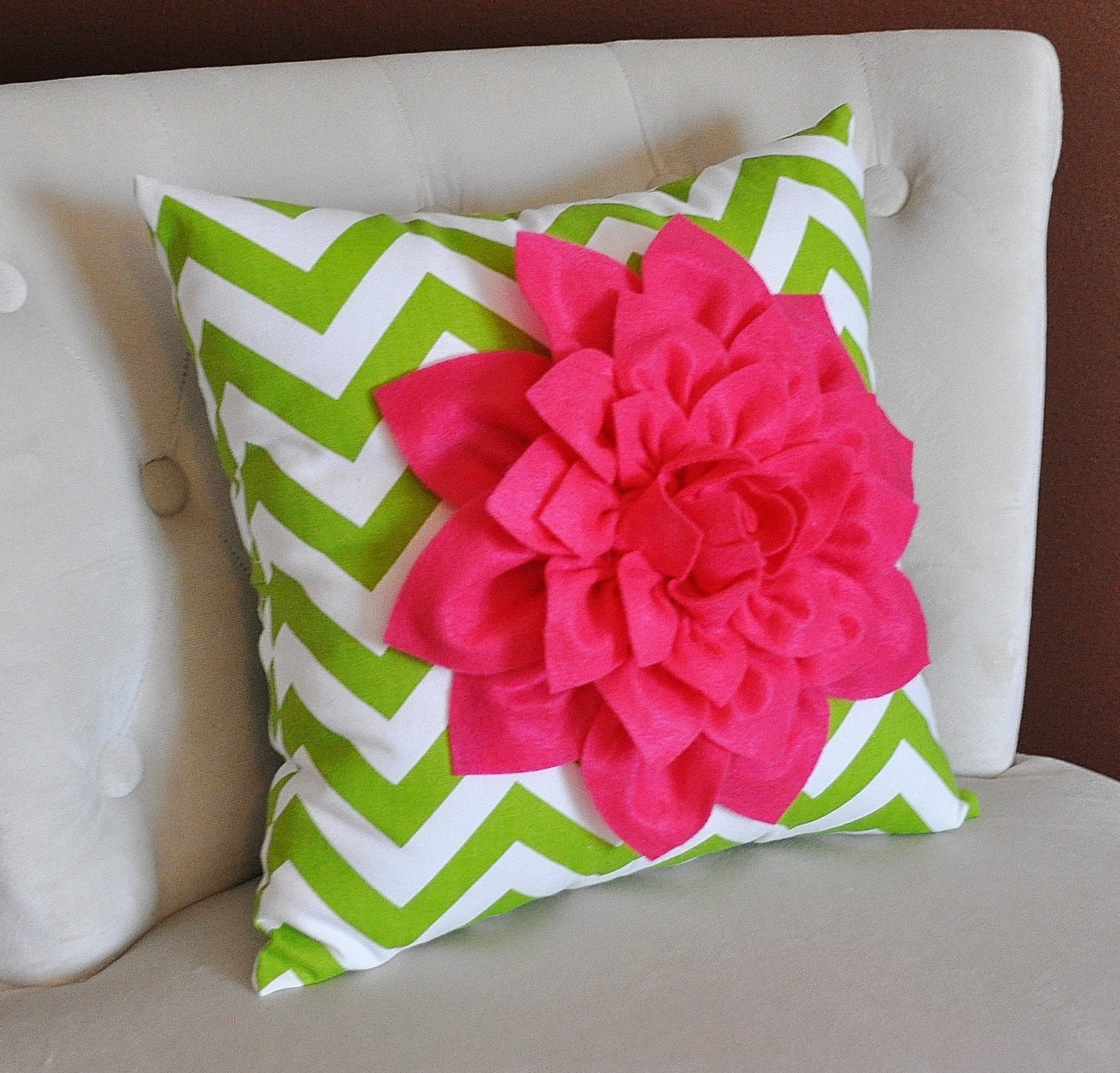Hot Pink Dahlia on Green and White Zigzag Pillow -Chevron Pillow-