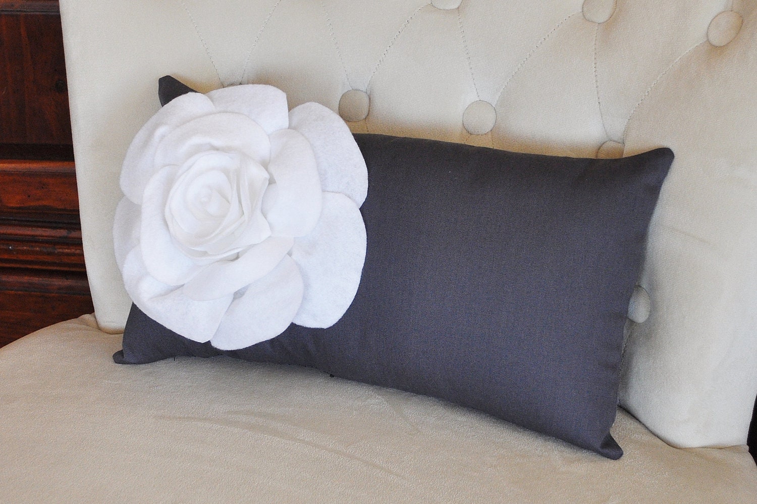 Charcoal Lumbar Pillow White Rose on Dark Gray Lumbar Pillow 9 x 16