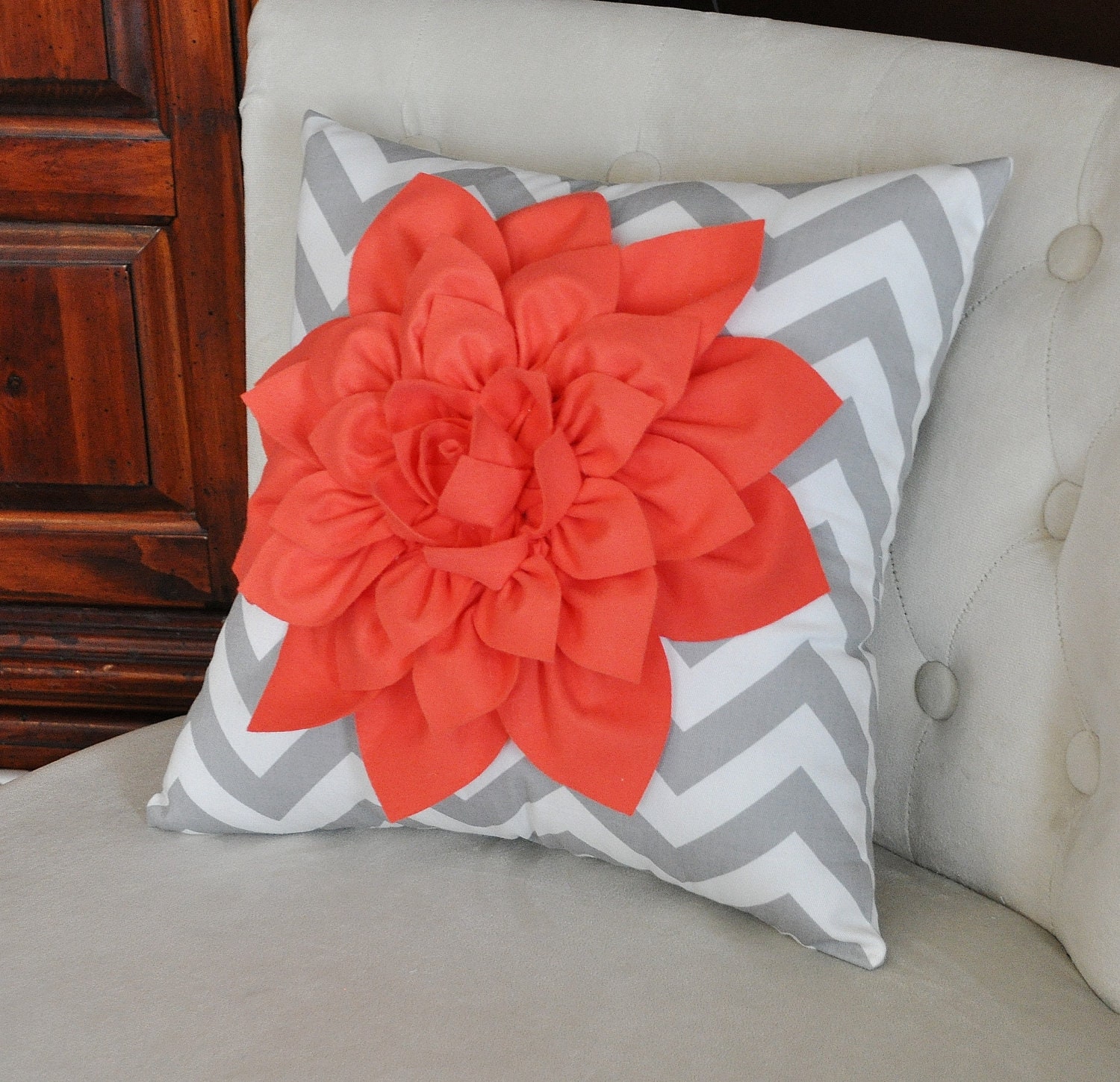 Coral Dahlia on Gray and White Zigzag Pillow -Chevron Pillow- 18 x 18 Throw Pillow