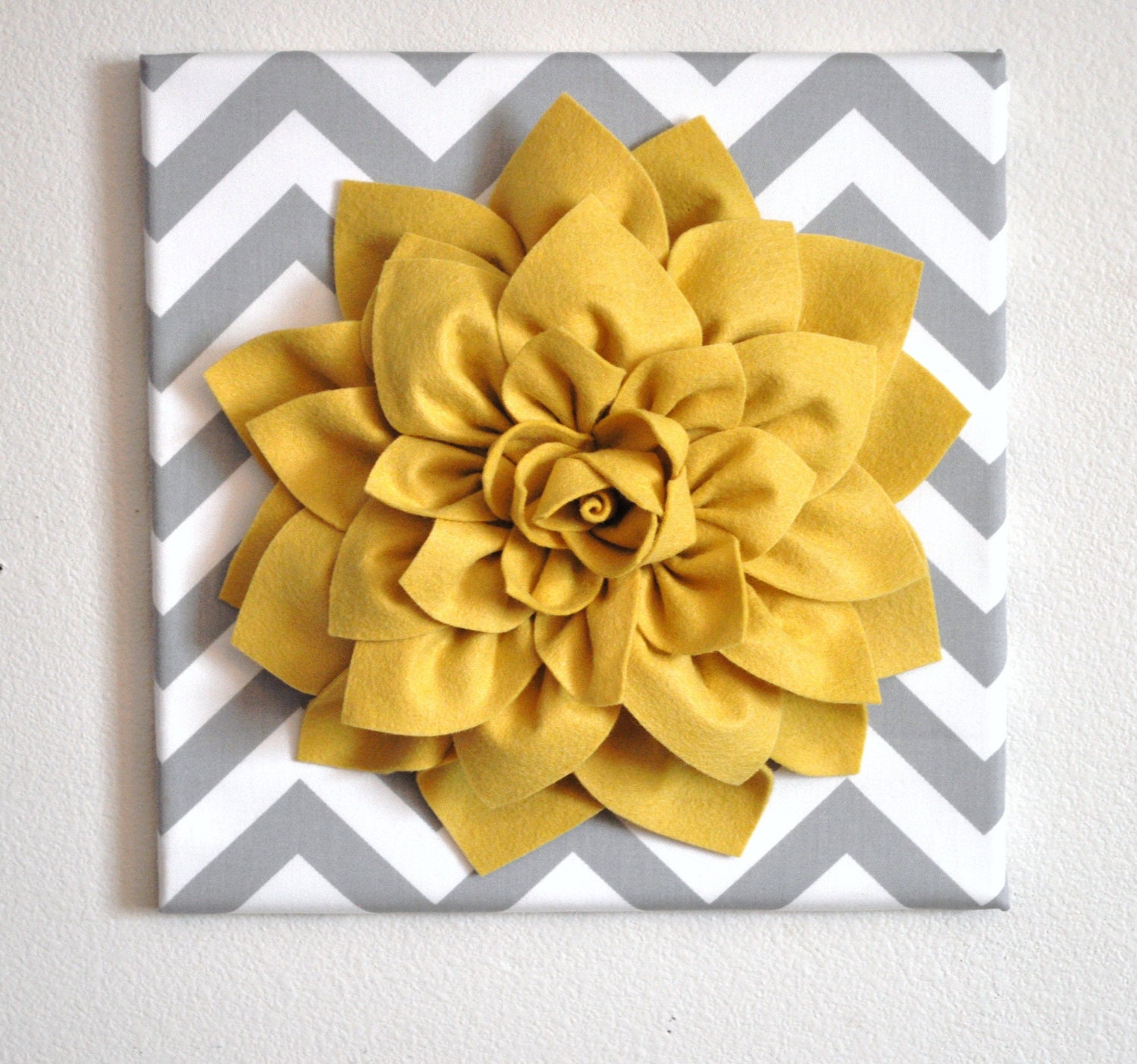 Wall Flower -Mellow Yellow Dahlia on Gray and White Chevron 12 x12" Canvas Wall Art- 3D Felt Flower